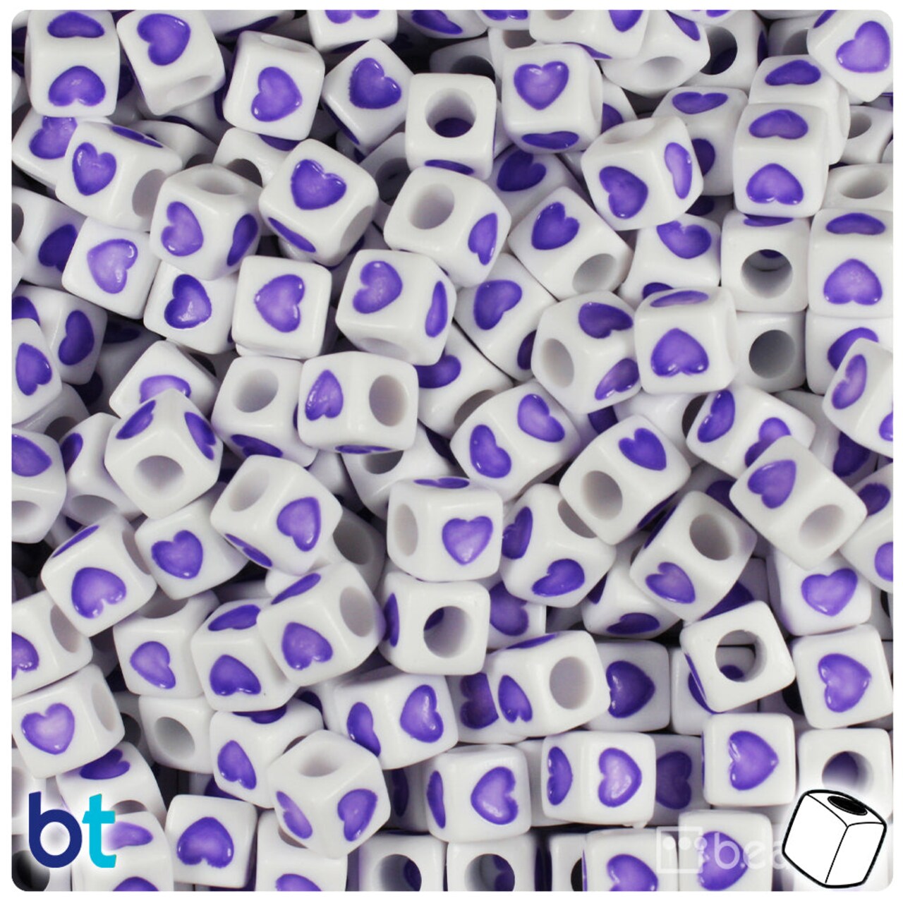 BeadTin White Opaque 7mm Cube Plastic Alpha Beads - Purple Hearts (150pcs)